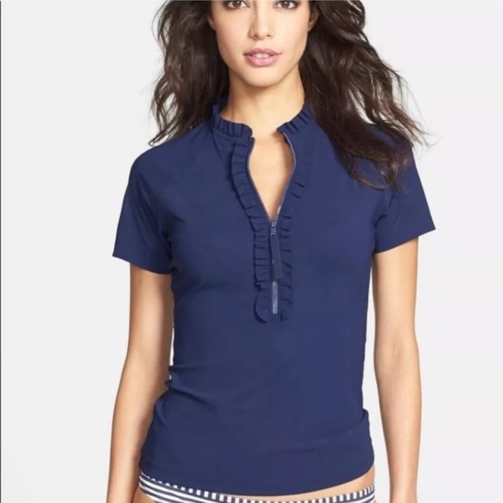 Tory Burch Riviera Navy Blue Short Sleeved Ruffled V Neck Zipper Sport Swim Surf